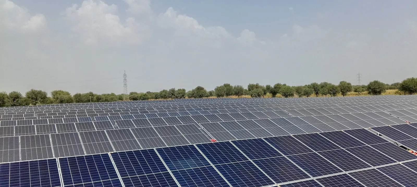 Wide view of solar module rows with trees and a transmission tower in the distance